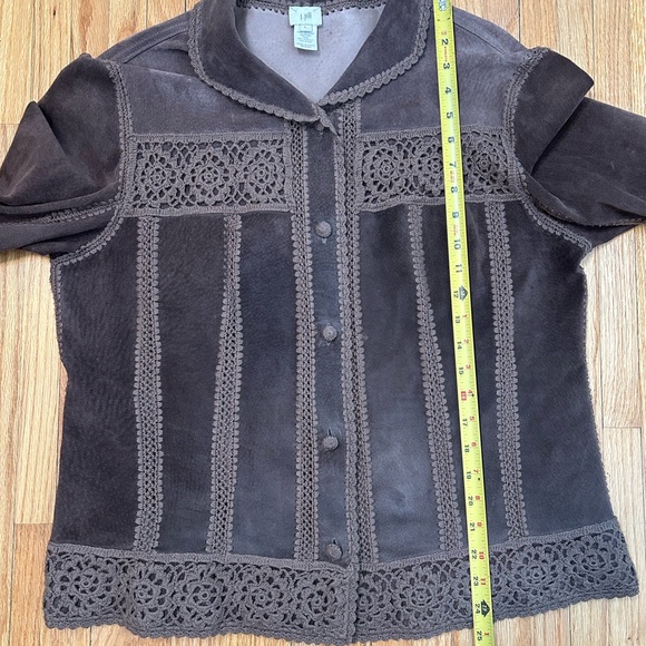 J. Jill Brown Leather & Crochet Button Up Shirt - Picture 9 of 9